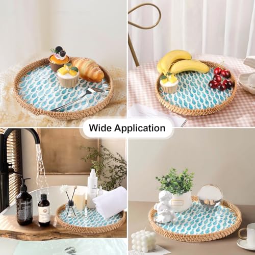 Round Rattan Tray with Mother of Pearl Inlay, Rattan Serving Tray for Coffee, Bread, Fruits, Decorative Wicker, alternate