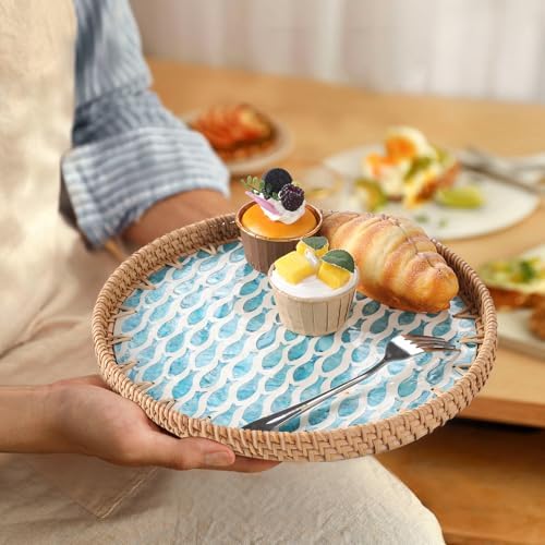 Round Rattan Tray with Mother of Pearl Inlay, Rattan Serving Tray for Coffee, Bread, Fruits, Decorative Wicker, alternate