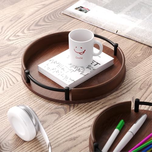 Round Serving Tray 11.8in Decorative Coffee Table Tray(Brown) in Brown, alternate view 2