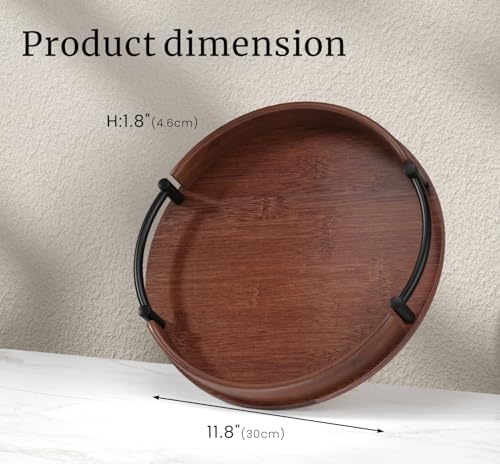 Round Serving Tray 11.8in Decorative Coffee Table Tray(Brown) in Brown, alternate view 3