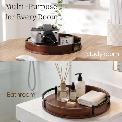 Round Serving Tray 11.8in Decorative Coffee Table Tray(Brown) in Brown, alternate view 4