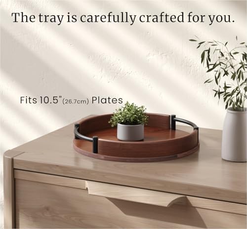 Round Serving Tray 11.8in Decorative Coffee Table Tray(Brown) in Brown, alternate view 5