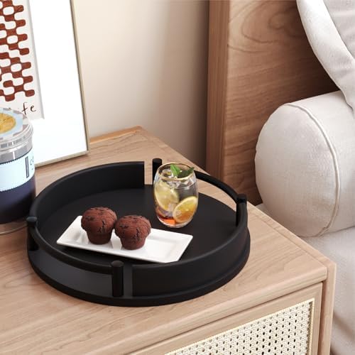 Round Serving Tray 9.8in Decorative Coffee Table Tray(Black) in Black, alternate view 4