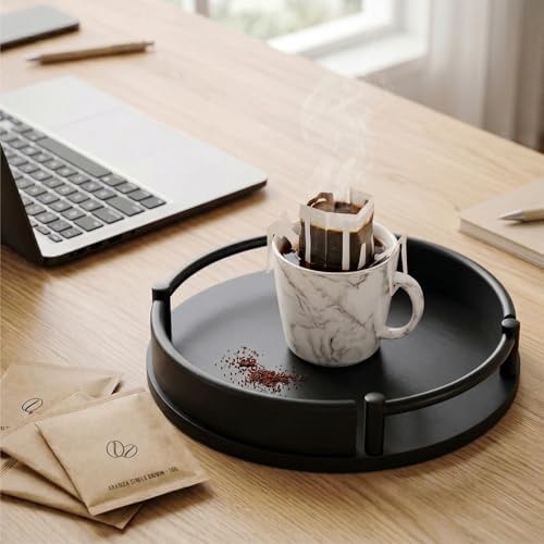 Round Serving Tray 9.8in Decorative Coffee Table Tray(Black) in Black, alternate view 6