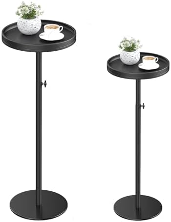 Round Side Table, Adjustable Small Drink Table Set of 2 Black