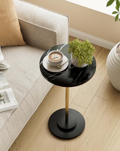 Round Side Table, Small Drink Table for Small Spaces, Black Marble