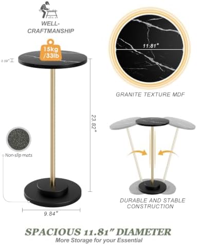 Round Side Table, Small Drink Table for Small Spaces, Black Marble, alternate view 2