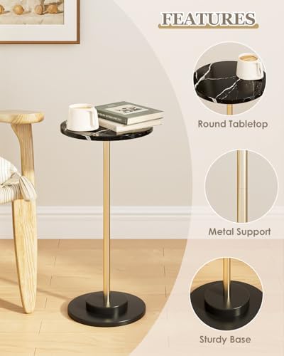 Round Side Table, Small Drink Table for Small Spaces, Black Marble, alternate view 6