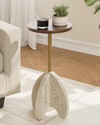 Round Side Table, Small Pedestal Drink Table with Faux Walnut