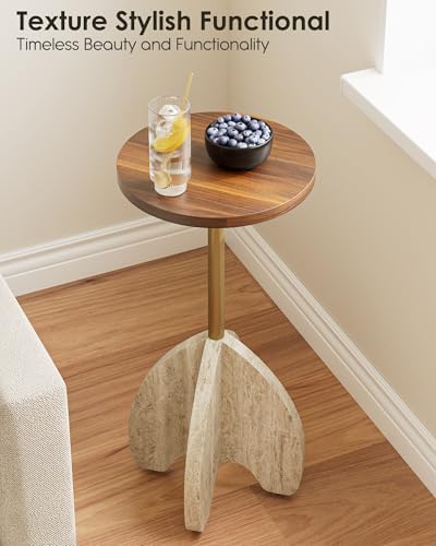 Round Side Table, Small Pedestal Drink Table with Faux Walnut, alternate view 5