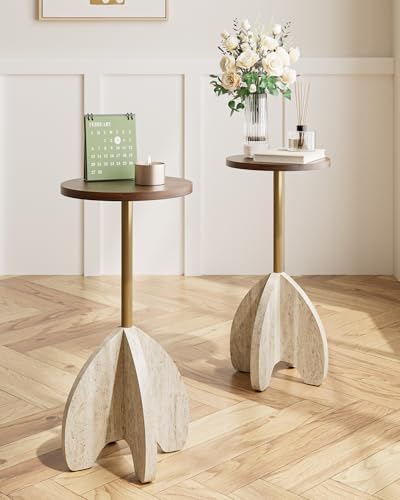 Round Side Table, Small Pedestal Drink Table with Faux Walnut, alternate view 6