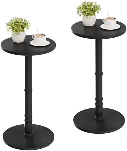 Round Side Tables Set of 2 with Solid Wood Pillar, Drink Tables