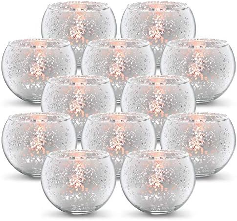 Round Silver Votive Candle Holders, Mercury Glass Votives Set of 12 in Silver