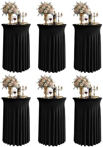 Round Spandex Cocktail Table Covers with Skirts, 24x43 Inch, Black, 6 Pack in 24x43 Inch in Black