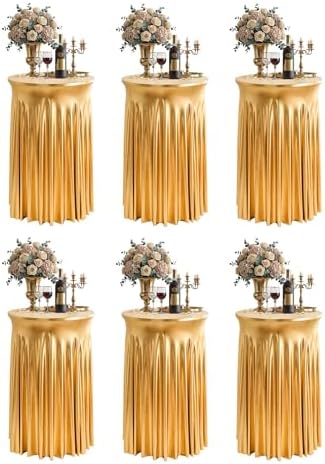 Round Spandex Cocktail Table Covers with Skirts, 24x43 Inch, Gold, 6 Pack in 24x43 Inch in Gold
