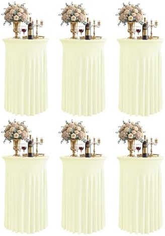 Round Spandex Cocktail Table Covers with Skirts, 24x43 Inch, Ivory, 6 Pack in 24x43 Inch in Ivory
