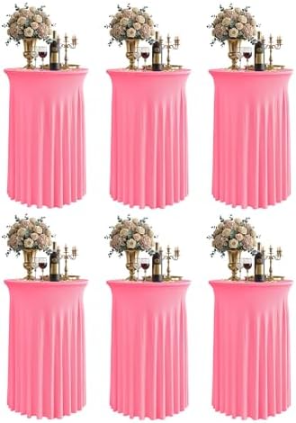 Round Spandex Cocktail Table Covers with Skirts, 24x43 Inch, Pink, 6 Pack in 24x43 Inch in Pink