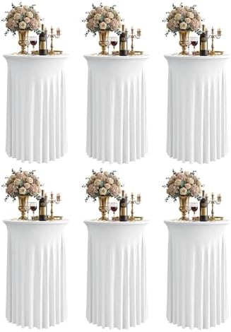 Round Spandex Cocktail Table Covers with Skirts, 24x43 Inch, White, 6 Pack in 24x43 Inch in White