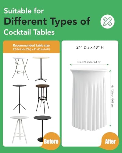 Round Spandex Cocktail Table Covers with Skirts, 24x43 Inch, White, 6 Pack in 24x43 Inch in White, alternate view 3