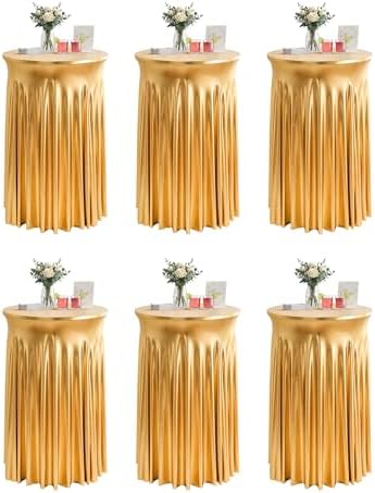 Round Spandex Cocktail Table Covers with Skirts, 32x43 Inch, Gold, 6 Pack in 32x43 Inch in Gold