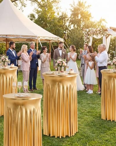 Round Spandex Cocktail Table Covers with Skirts, 32x43 Inch, Gold, 6 Pack in 32x43 Inch in Gold, alternate view 2