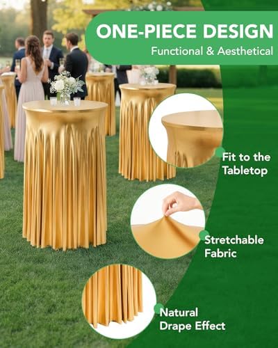Round Spandex Cocktail Table Covers with Skirts, 32x43 Inch, Gold, 6 Pack in 32x43 Inch in Gold, alternate view 4