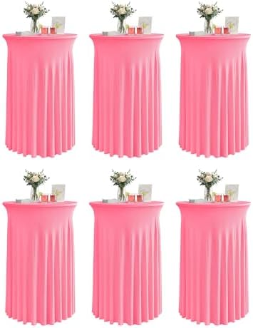 Round Spandex Cocktail Table Covers with Skirts, 32x43 Inch, Pink, 6 Pack in 32x43 Inch in Pink