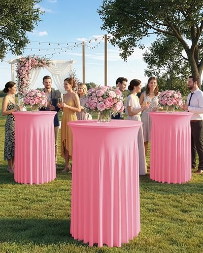 Round Spandex Cocktail Table Covers with Skirts, 32x43 Inch, Pink, 6 Pack in 32x43 Inch in Pink, alternate view 2