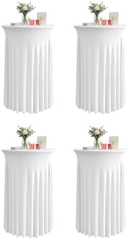 Round Spandex Cocktail Table Covers with Skirts, 32x43 Inch, White, 4 Pack in 32x43 Inch in White