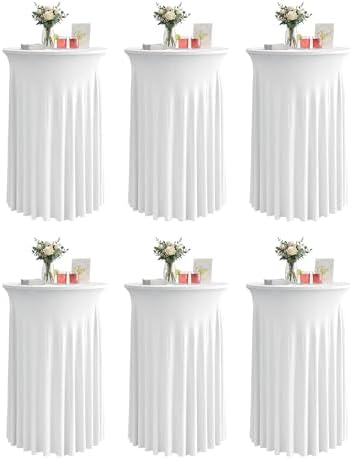 Round Spandex Cocktail Table Covers with Skirts, 32x43 Inch, White, 6 Pack in 32x43 Inch in White