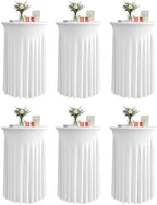 Round Spandex Cocktail Table Covers with Skirts, 32x43 Inch, White, 6 Pack in 32x43 Inch in White
