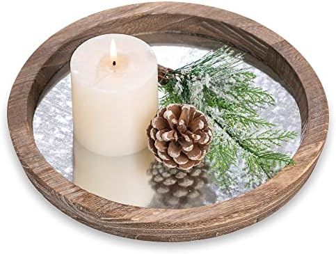 Round Wood Decorative Tray: Rustic Wooden Tray for Coffee Table Farmhouse Centerpiece Mirror Candle Holder