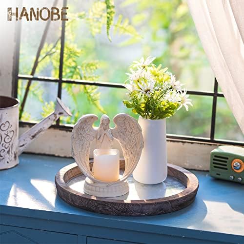 Round Wood Decorative Tray: Rustic Wooden Tray for Coffee Table Farmhouse Centerpiece Mirror Candle Holder, alternate view 2