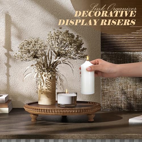 Round Wood Display Riser with Beads for Rustic Kitchen Decor, Brown in 11.2‘’ × 11.2‘’ × 2.4‘’ in Brown, alternate view 3