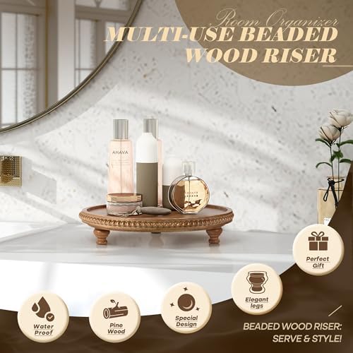 Round Wood Display Riser with Beads for Rustic Kitchen Decor, Brown in 11.2‘’ × 11.2‘’ × 2.4‘’ in Brown, alternate view 5