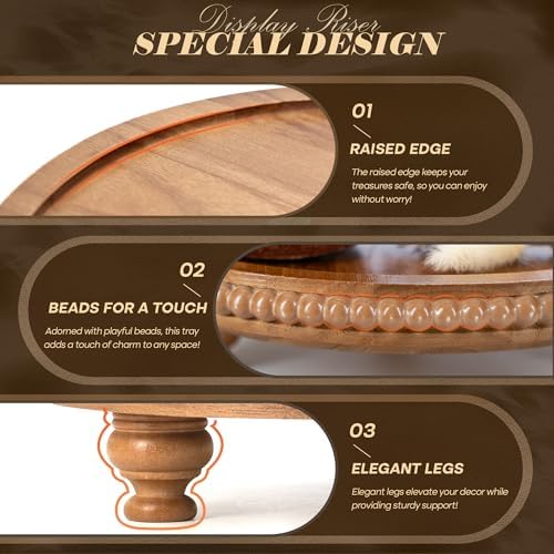 Round Wood Display Riser with Beads for Rustic Kitchen Decor, Brown in 11.2‘’ × 11.2‘’ × 2.4‘’ in Brown, alternate view 6