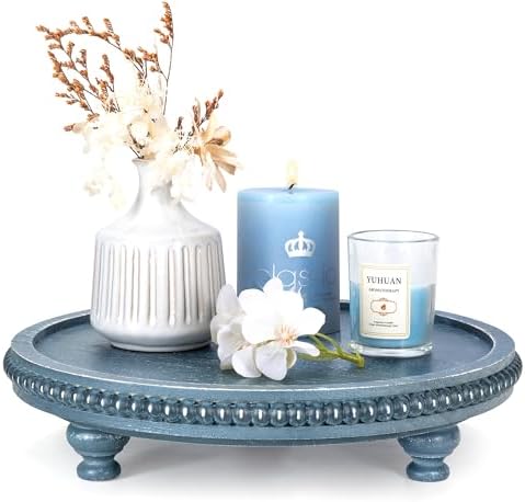 Round Wood Riser for Kitchen Counter, Beaded Decorative Tray, Blue in 11.2‘’ × 11.2‘’ × 2.4‘’ in Blue