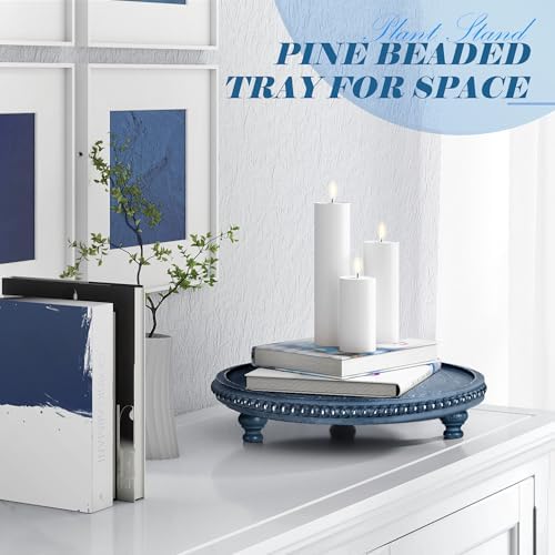 Round Wood Riser for Kitchen Counter, Beaded Decorative Tray, Blue in 11.2‘’ × 11.2‘’ × 2.4‘’ in Blue, alternate view 4