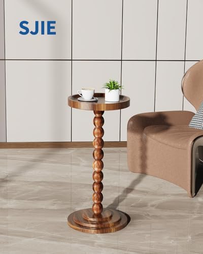 Round Wood Side Table & Drink Table with Sturdy Solid Wood Pillars, alternate view 2