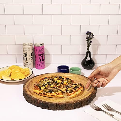 Round Wooden Serving Platter with Tree Bark on Edges | Mango Wood Pizza Platter, Serve Board | Charcuterie, alternate view 2