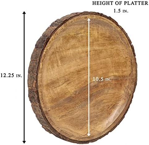 Round Wooden Serving Platter with Tree Bark on Edges | Mango Wood Pizza Platter, Serve Board | Charcuterie, alternate view 3