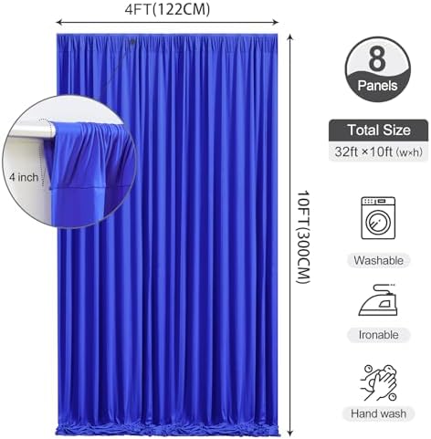 Royal Blue Backdrop Curtains 32 x 10 ft for Photo Background Wrinkle-Free in W4' x H10'(8 panels) in Royal Blue, alternate