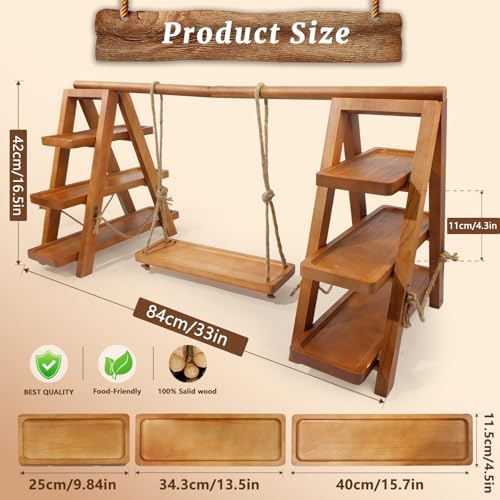 Rustic 3-Tier Wooden Cupcake Stand, Foldable Dessert Display Rack in 3 Tier Cupcake Stand With 1 Swing Tray, alternate view 2