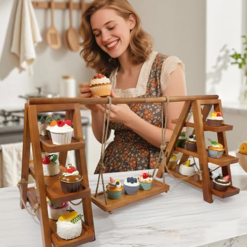 Rustic 3-Tier Wooden Cupcake Stand, Foldable Dessert Display Rack in 3 Tier Cupcake Stand With 1 Swing Tray, alternate view 3