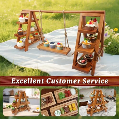 Rustic 3-Tier Wooden Cupcake Stand, Foldable Dessert Display Rack in 3 Tier Cupcake Stand With 1 Swing Tray, alternate view 5