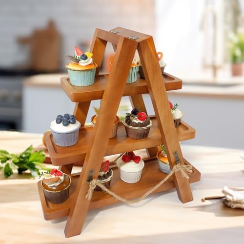 Rustic 3-Tier Wooden Cupcake Stand, Foldable Dessert Display Rack in 3 Tier Cupcake Stand With 1 Swing Tray, alternate view 6