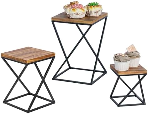 Rustic Burnt Solid Wood Square Pizza Riser Display Rack with Twisting Black Metal Legs, Nesting Dessert Cupcake
