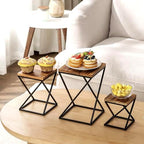 Rustic Burnt Solid Wood Square Pizza Riser Display Rack with Twisting Black Metal Legs, Nesting Dessert Cupcake, alternate