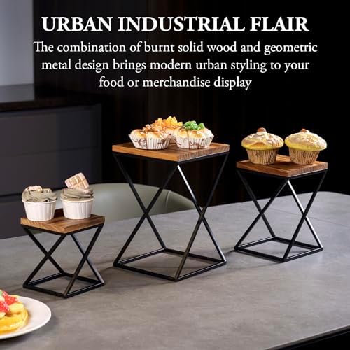 Rustic Burnt Solid Wood Square Pizza Riser Display Rack with Twisting Black Metal Legs, Nesting Dessert Cupcake, alternate