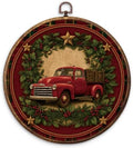 Rustic Christmas Red Truck Round Framed Wall Art 10"x10"